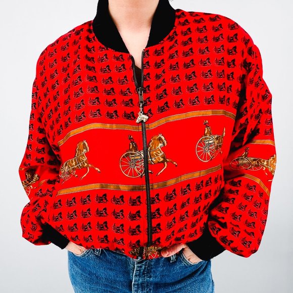 Vintage Red & Black Light Weight Novelty Horse Chariot Bomber Jacket - Size L - Picture 5 of 8